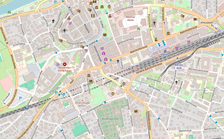 Kartenausschnitt von Aarau mit der Lage der Kanzlei an der Bahnhofstrasse 24